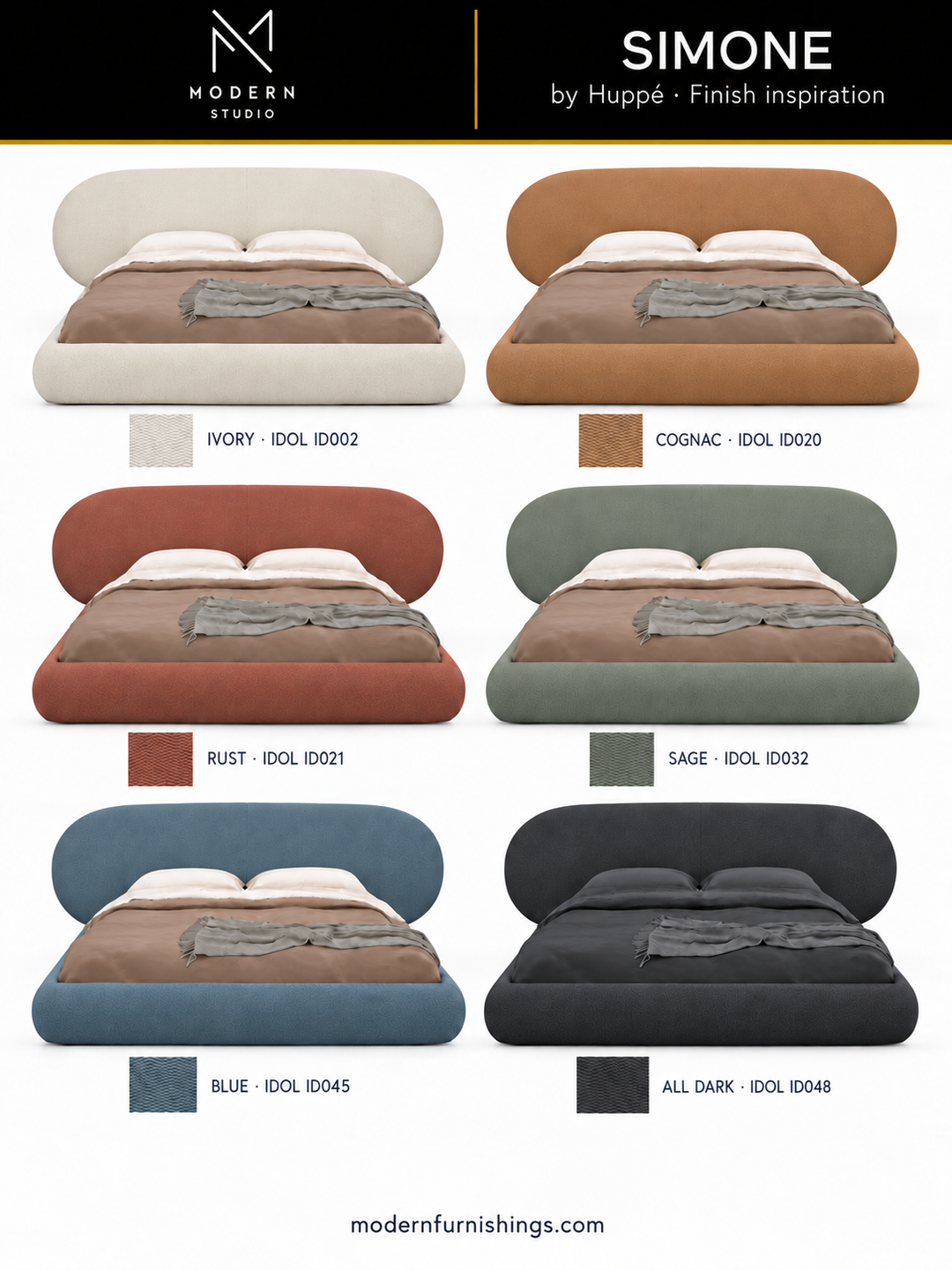 Modern Studio — Simone Bed by Huppé. Six finish concept renderings with compatible material swatch references. Confirm finishes with physical samples.