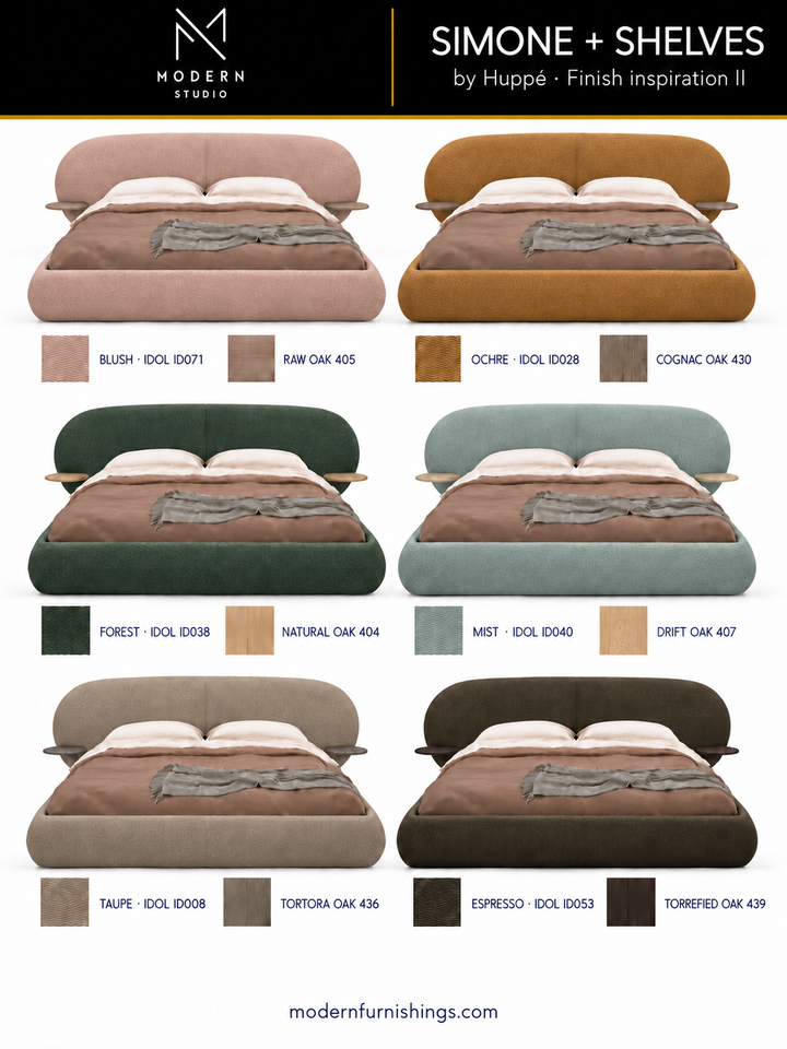 Modern Studio — Simone Bed With Shelves by Huppé, second finish-inspiration collection based on Huppé material swatches. Screen colors are approximate; confirm with physical samples.