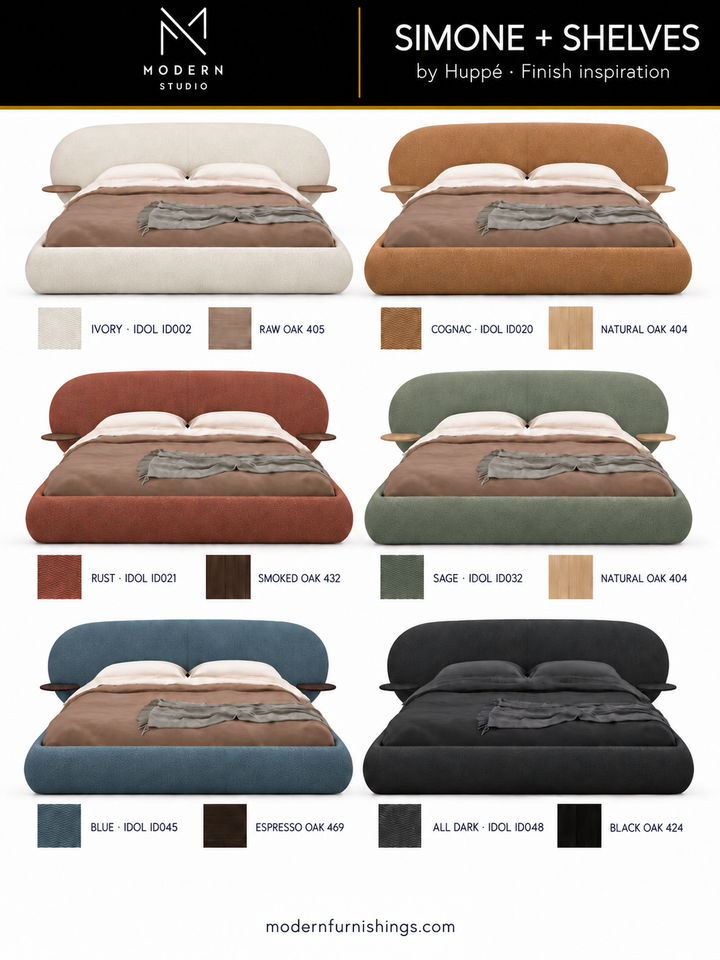 Modern Studio — Simone Bed With Shelves by Huppé. Six finish concept renderings with compatible material swatch references. Confirm finishes with physical samples.