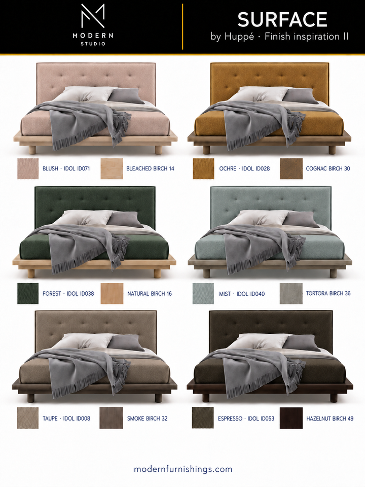 Modern Studio — Surface Bed by Huppé, second finish-inspiration collection based on Huppé material swatches. Screen colors are approximate; confirm with physical samples.