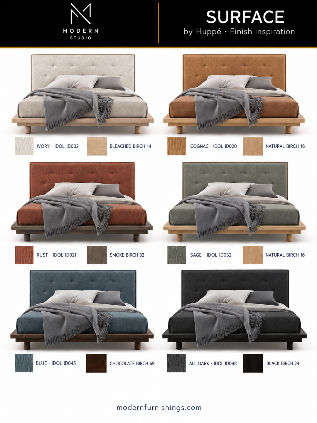 Modern Studio — Surface Bed by Huppé. Six finish concept renderings with compatible material swatch references. Confirm finishes with physical samples.