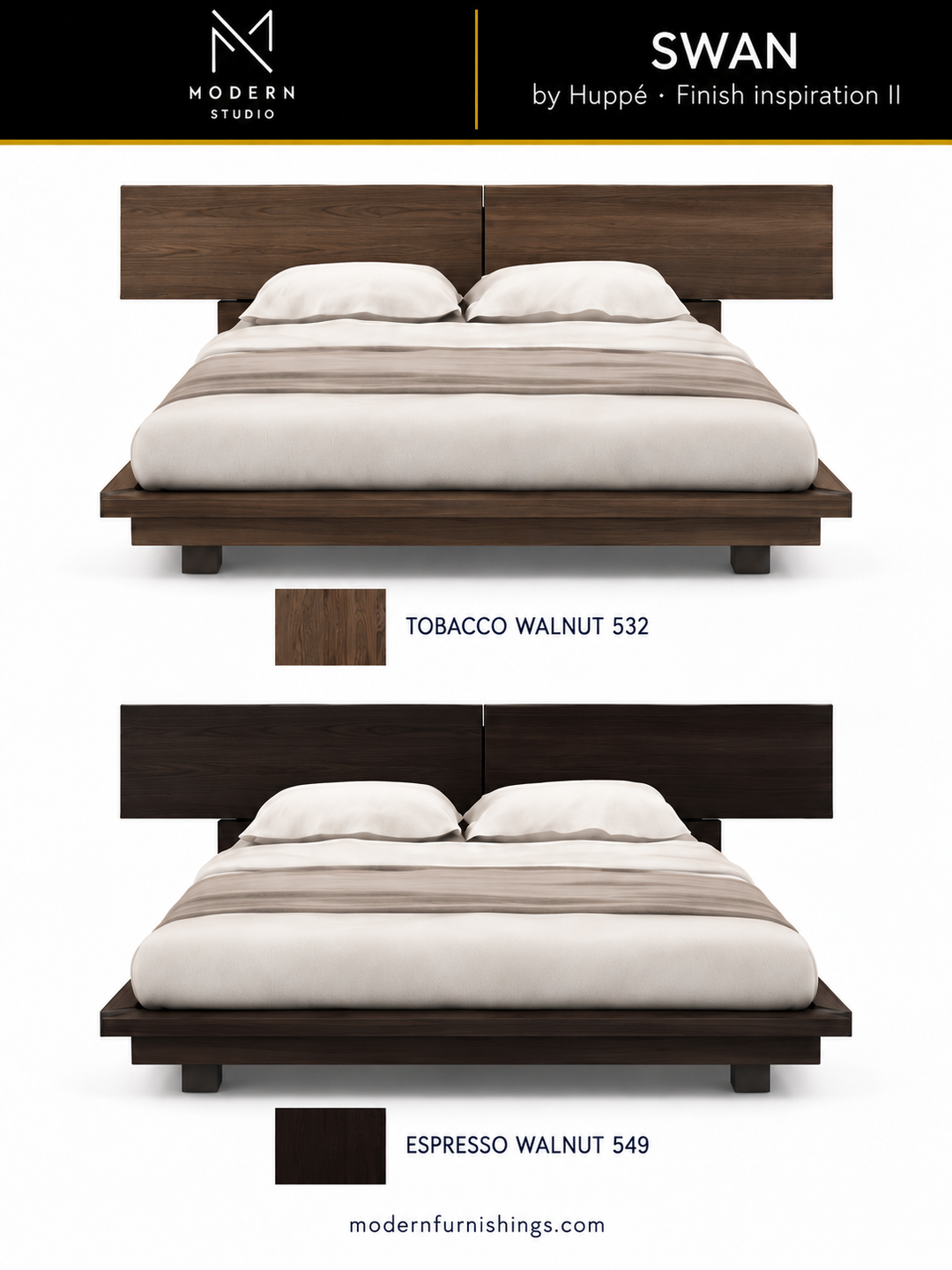 Modern Studio — Swan Bed by Huppé, second finish-inspiration collection based on Huppé material swatches. Screen colors are approximate; confirm with physical samples.