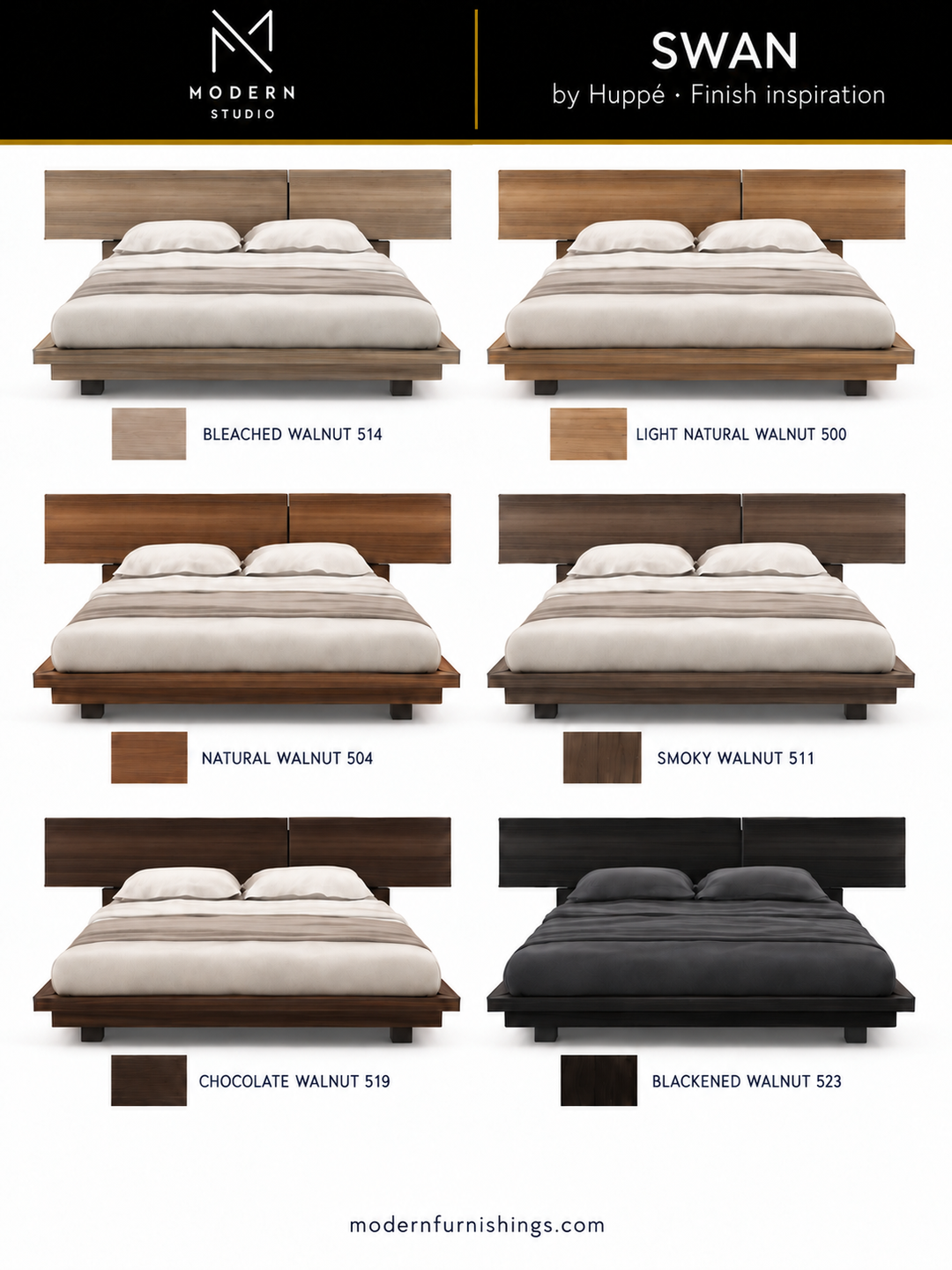 Modern Studio — Swan Bed by Huppé. Six finish concept renderings with compatible material swatch references. Confirm finishes with physical samples.