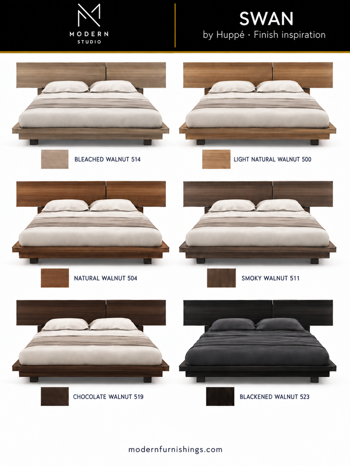 Modern Studio — Swan Bed by Huppé. Six finish concept renderings with compatible material swatch references. Confirm finishes with physical samples.