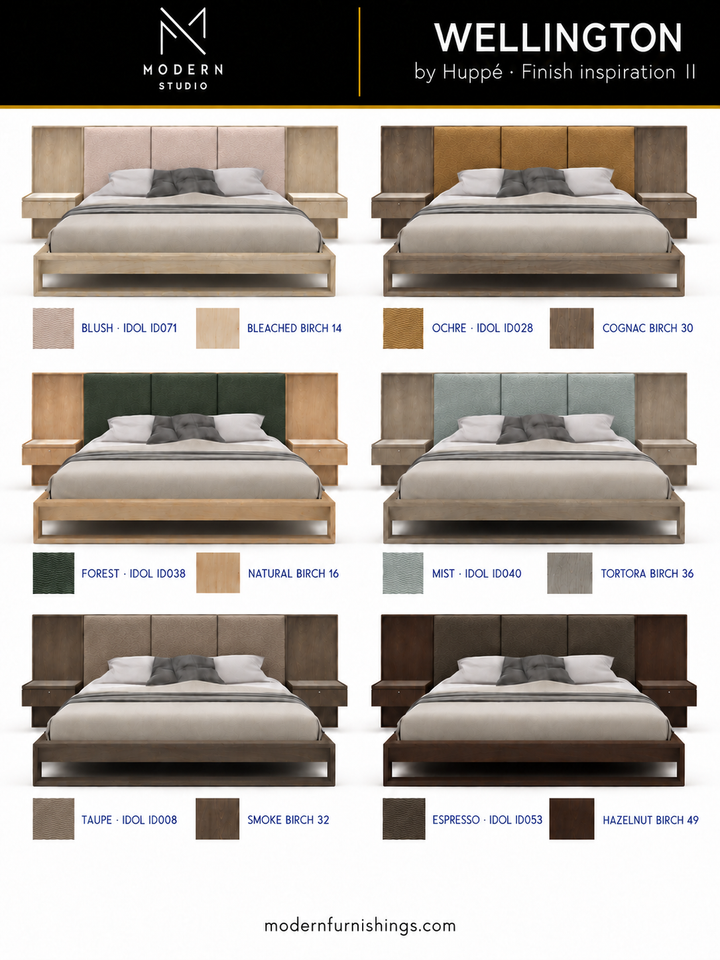 Modern Studio — Wellington Bed by Huppé, second finish-inspiration collection based on Huppé material swatches. Screen colors are approximate; confirm with physical samples.