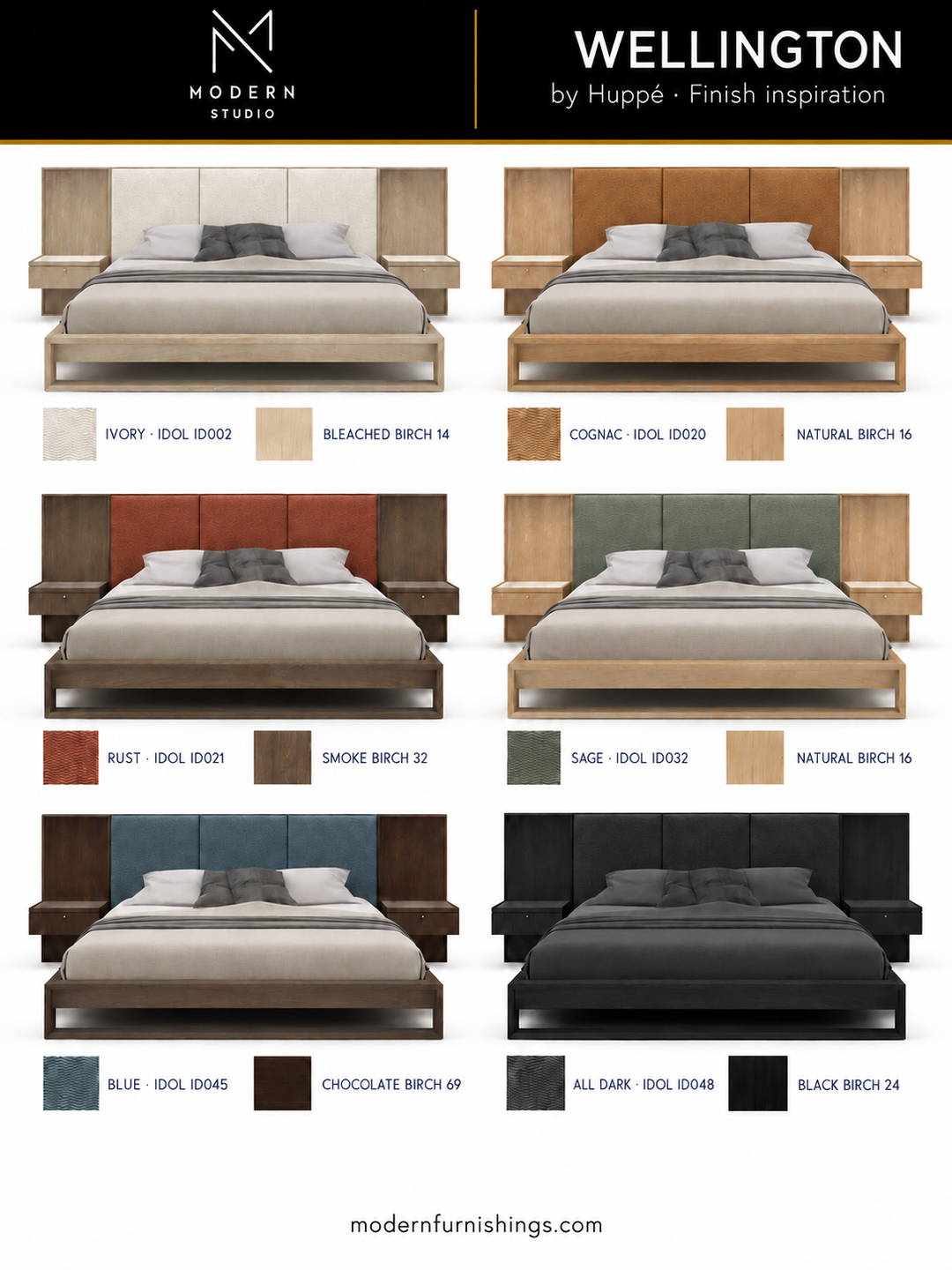 Modern Studio — Wellington Bed by Huppé. Six finish concept renderings with compatible material swatch references. Confirm finishes with physical samples.