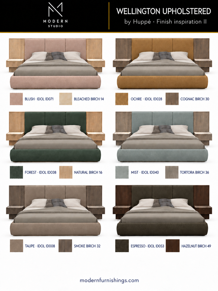 Modern Studio — Wellington Upholstered Bed by Huppé, second finish-inspiration collection based on Huppé material swatches. Screen colors are approximate; confirm with physical samples.
