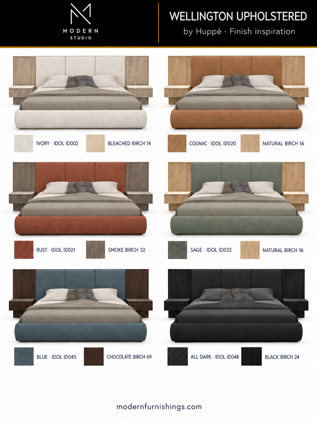 Modern Studio — Wellington Upholstered Bed by Huppé. Six finish concept renderings with compatible material swatch references. Confirm finishes with physical samples.