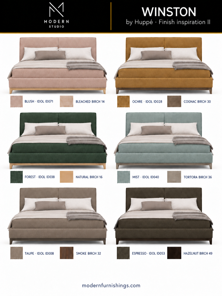 Modern Studio — Winston Upholstered Bed by Huppé, second finish-inspiration collection based on Huppé material swatches. Screen colors are approximate; confirm with physical samples.