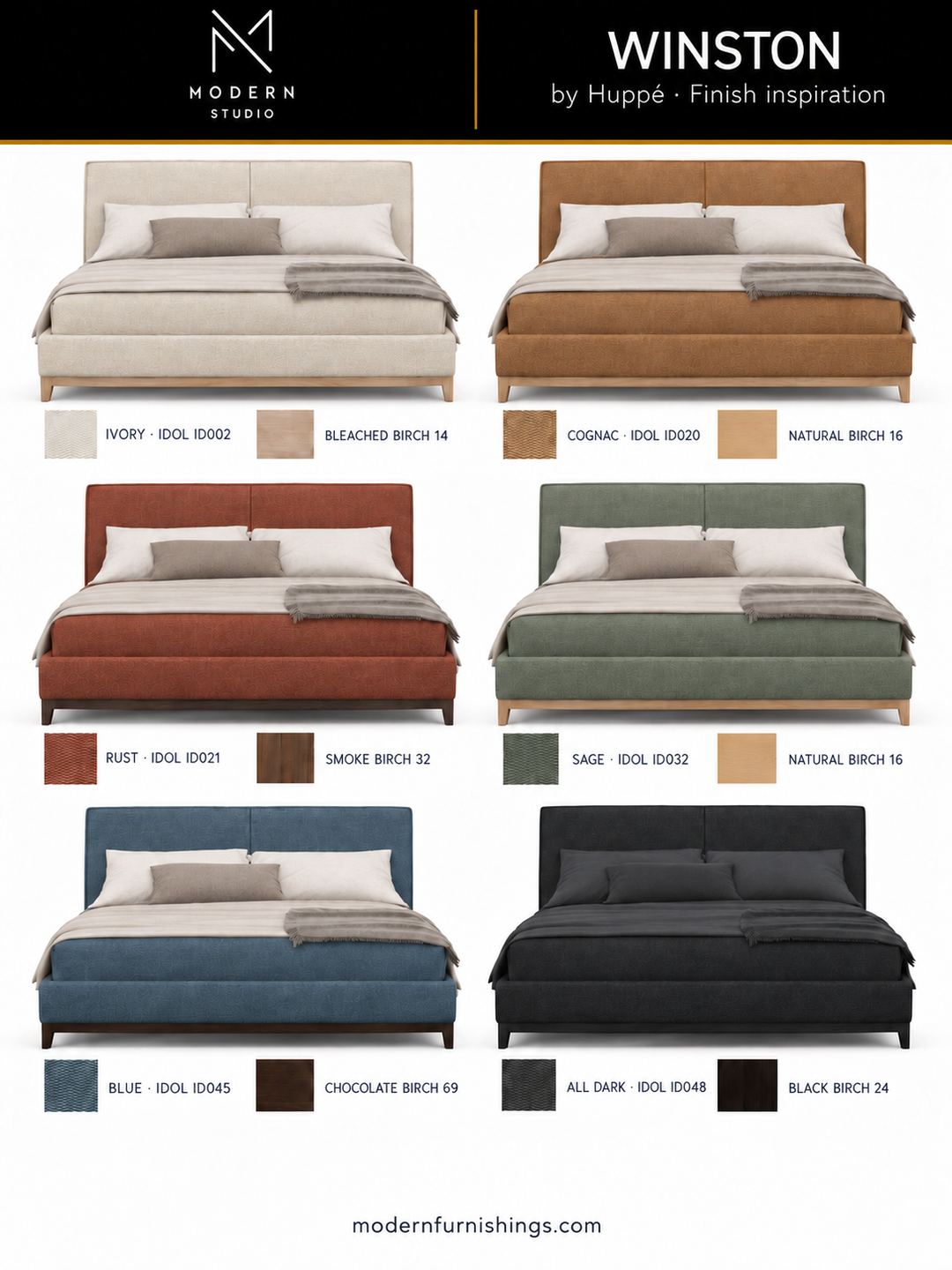 Modern Studio — Winston Upholstered Bed by Huppé. Six finish concept renderings with compatible material swatch references. Confirm finishes with physical samples.