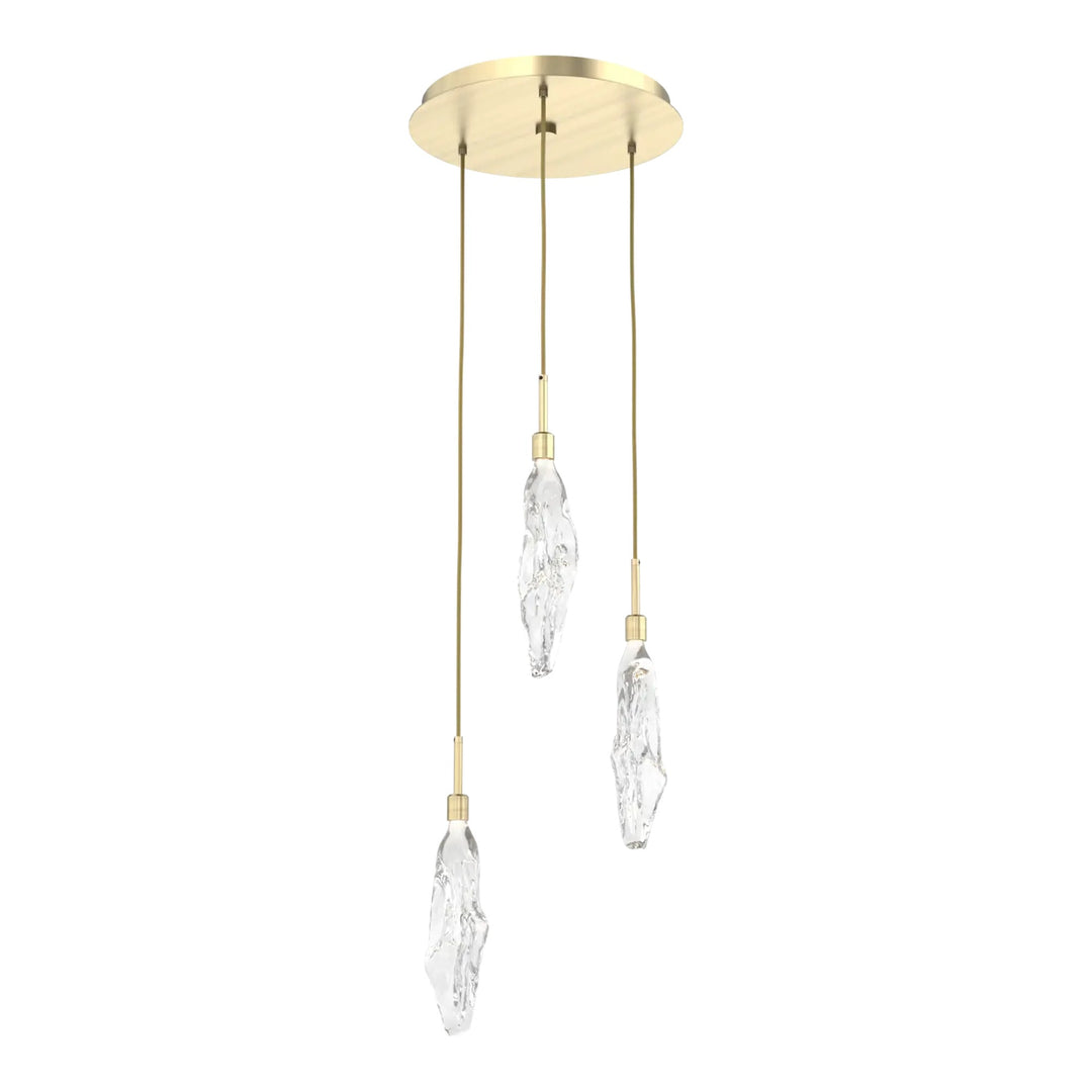 Icefall Round Pendant Chandelier by Hammerton Studio 3 Lights in Heritage Brass with Clear glass
