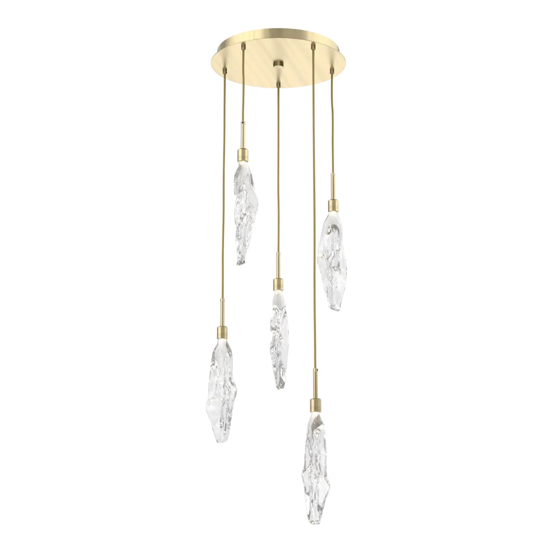 Icefall Round Pendant Chandelier by Hammerton Studio 5 Lights in Heritage Brass with Clear glass