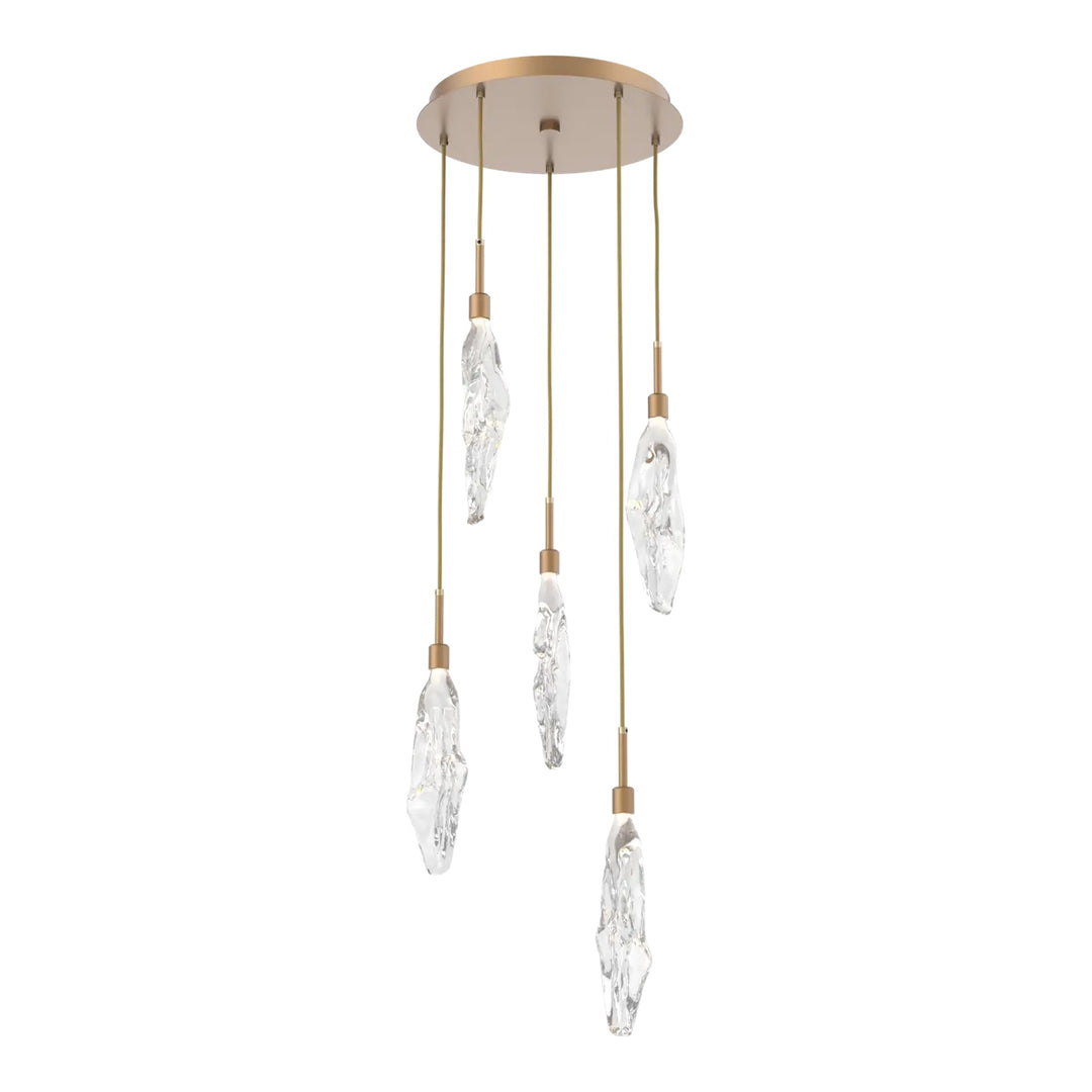Icefall Round Pendant Chandelier by Hammerton Studio 5 Lights in Novel Brass with Clear glass