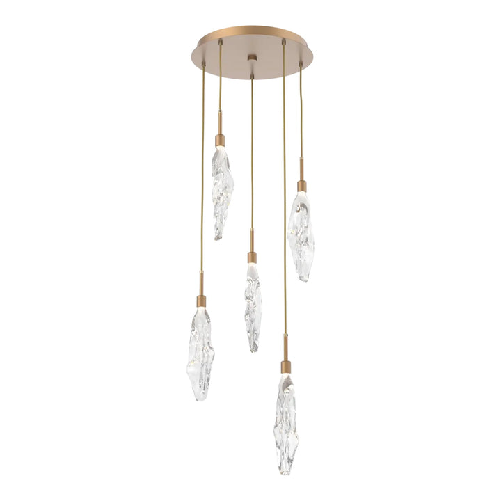 Icefall Round Pendant Chandelier by Hammerton Studio 5 Lights in Novel Brass with Clear glass