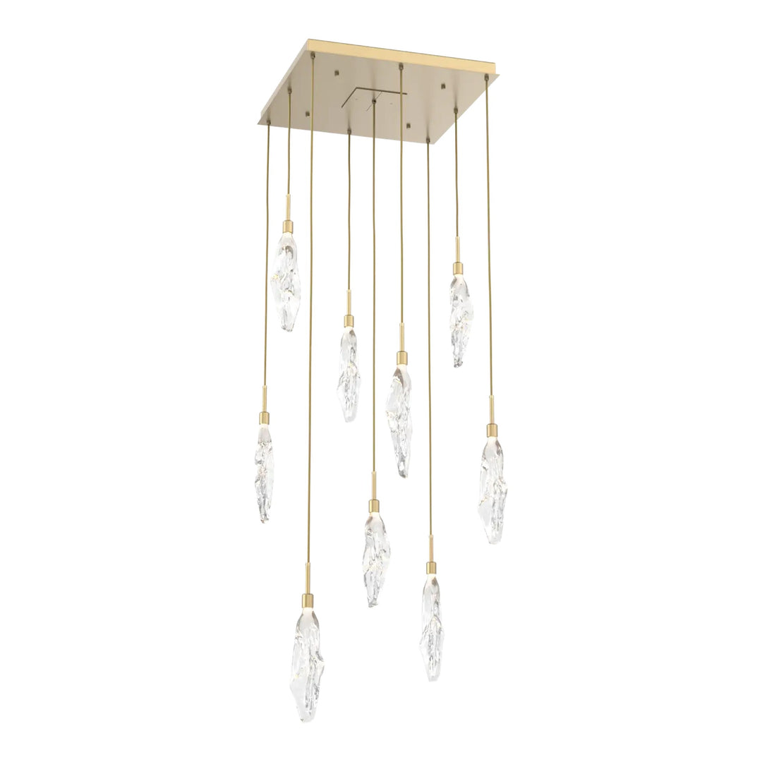 Icefall Square Pendant Chandelier by Hammerton Studio 9 Lights in Gilded Brass with Clear glass