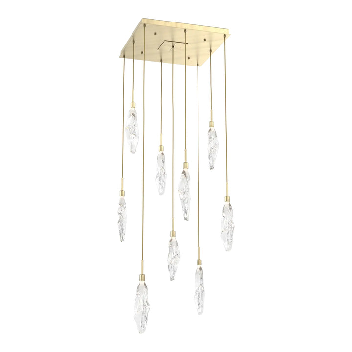 Icefall Square Pendant Chandelier by Hammerton Studio 9 Lights in Heritage Brass with Clear glass