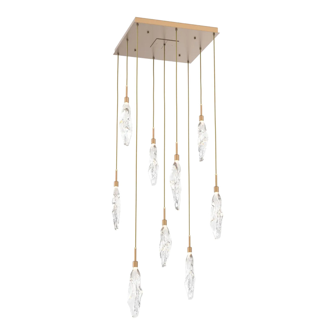 Icefall Square Pendant Chandelier by Hammerton Studio 9 Lights in Novel Brass with Clear glass