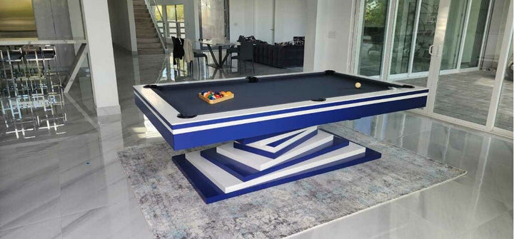 Neavio pool table with blue felt and white tiers