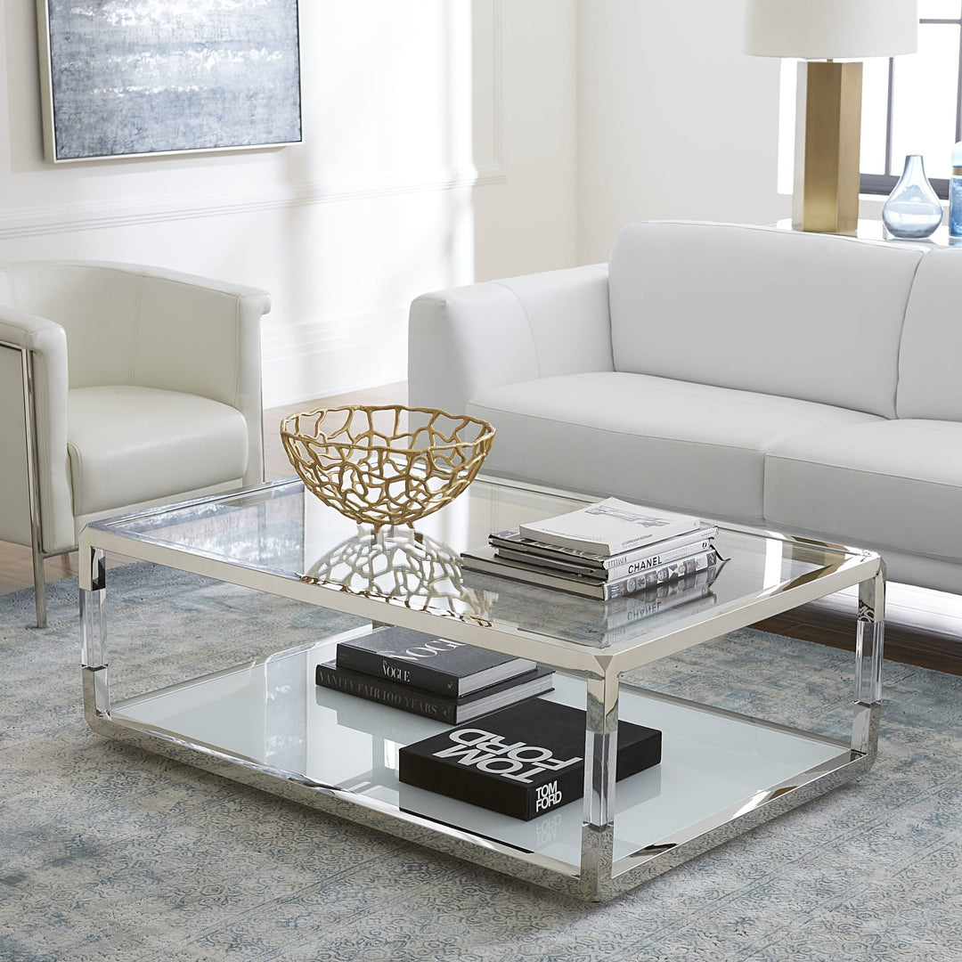 Jasper Glass and Acrylic Coffee Table in Acrylic/White Glass/PSS — lifestyle photo