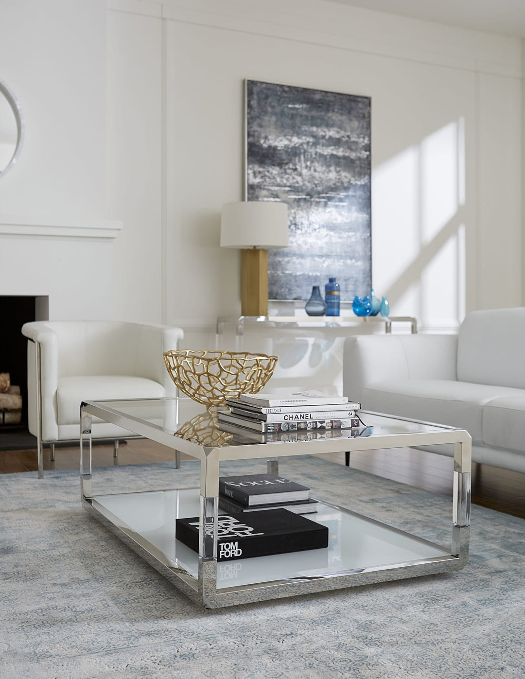 Jasper Glass and Acrylic Coffee Table in Acrylic/White Glass/PSS — lifestyle photo