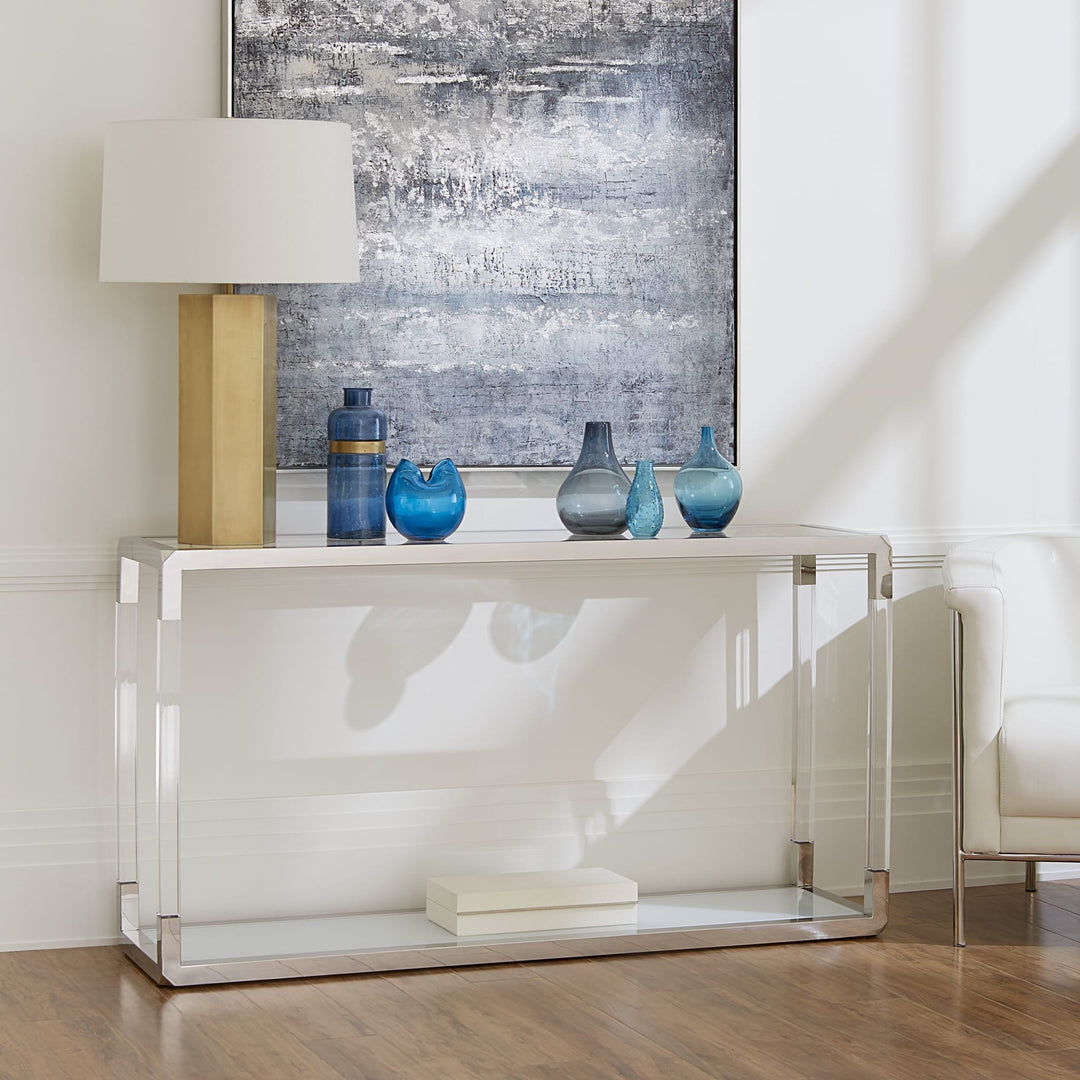 Jasper Glass and Acrylic Console Table in Acrylic/White Glass/PSS — lifestyle photo