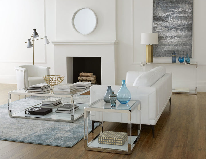 Jasper Glass and Acrylic Console Table in Acrylic/White Glass/PSS — lifestyle photo