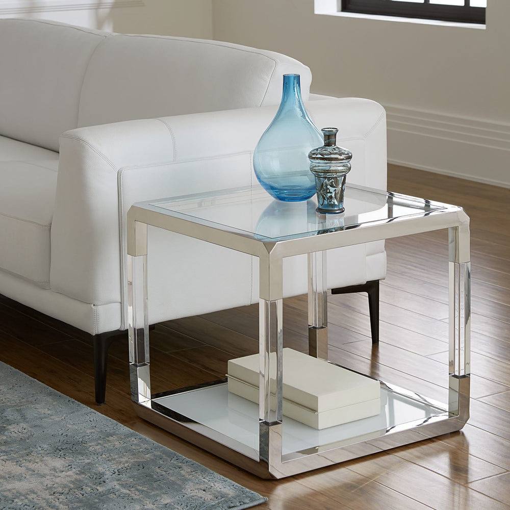 Jasper Glass and Acrylic End Table in Acrylic/White Glass/PSS — lifestyle photo