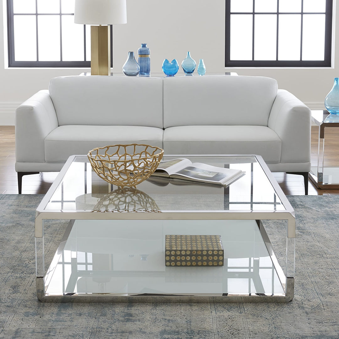 Jasper Square Glass and Acrylic Coffee Table in Acrylic/White Glass/PSS — lifestyle photo