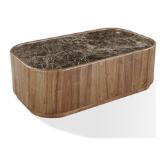 Juba Natural Marble and Walnut Coffee Table with Casters by Modus in Mongoose — product view on a white background