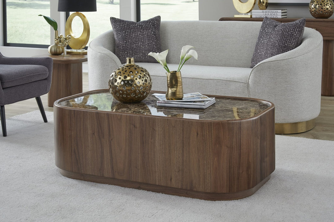 Juba Natural Marble and Walnut Coffee Table with Casters in Mongoose — lifestyle photo