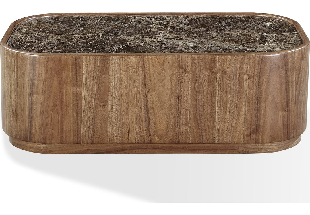 Juba Natural Marble and Walnut Coffee Table with Casters in Mongoose — product view on a white background