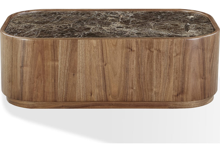 Juba Natural Marble and Walnut Coffee Table with Casters in Mongoose — product view on a white background