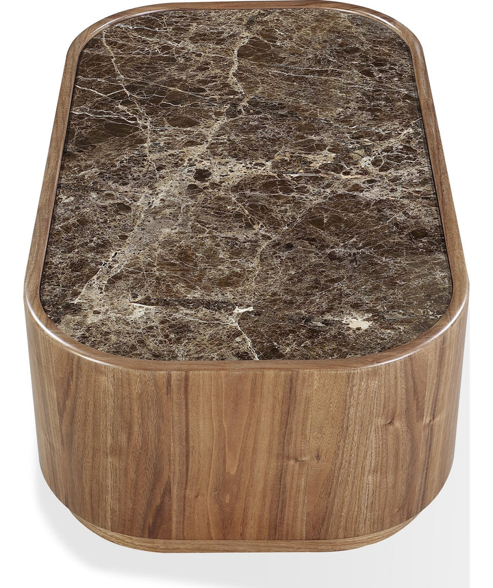 Juba Natural Marble and Walnut Coffee Table with Casters in Mongoose — product view on a white background