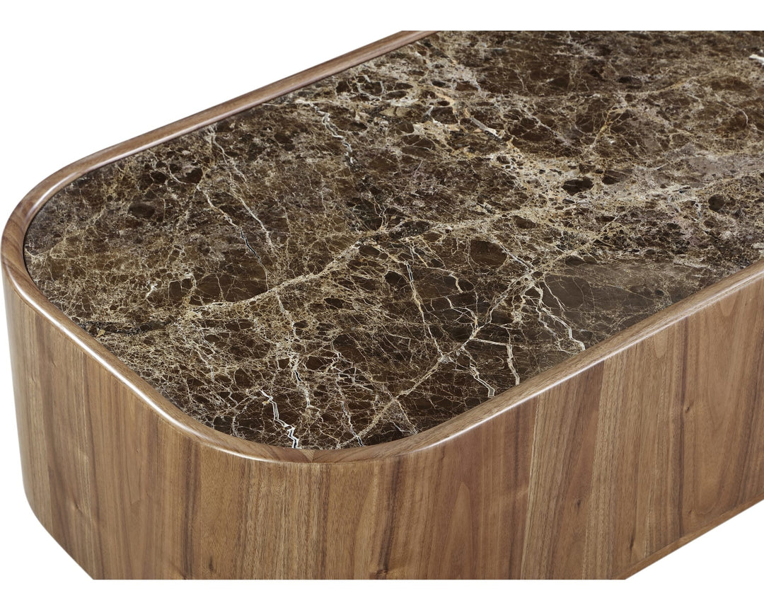 Juba Natural Marble and Walnut Coffee Table with Casters in Mongoose — product view on a white background