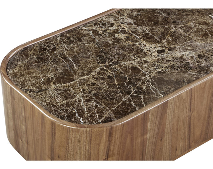 Juba Natural Marble and Walnut Coffee Table with Casters in Mongoose — product view on a white background