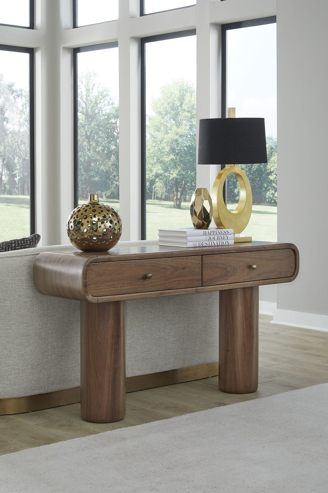 Juba Walnut Console Table in Mongoose — lifestyle photo
