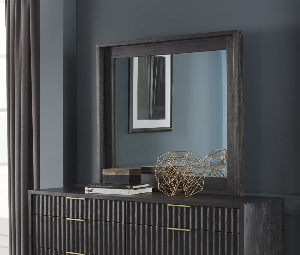 Kentfield Beveled Glass Mirror in Black Drifted Oak — styled on the matching dresser (sold separately)