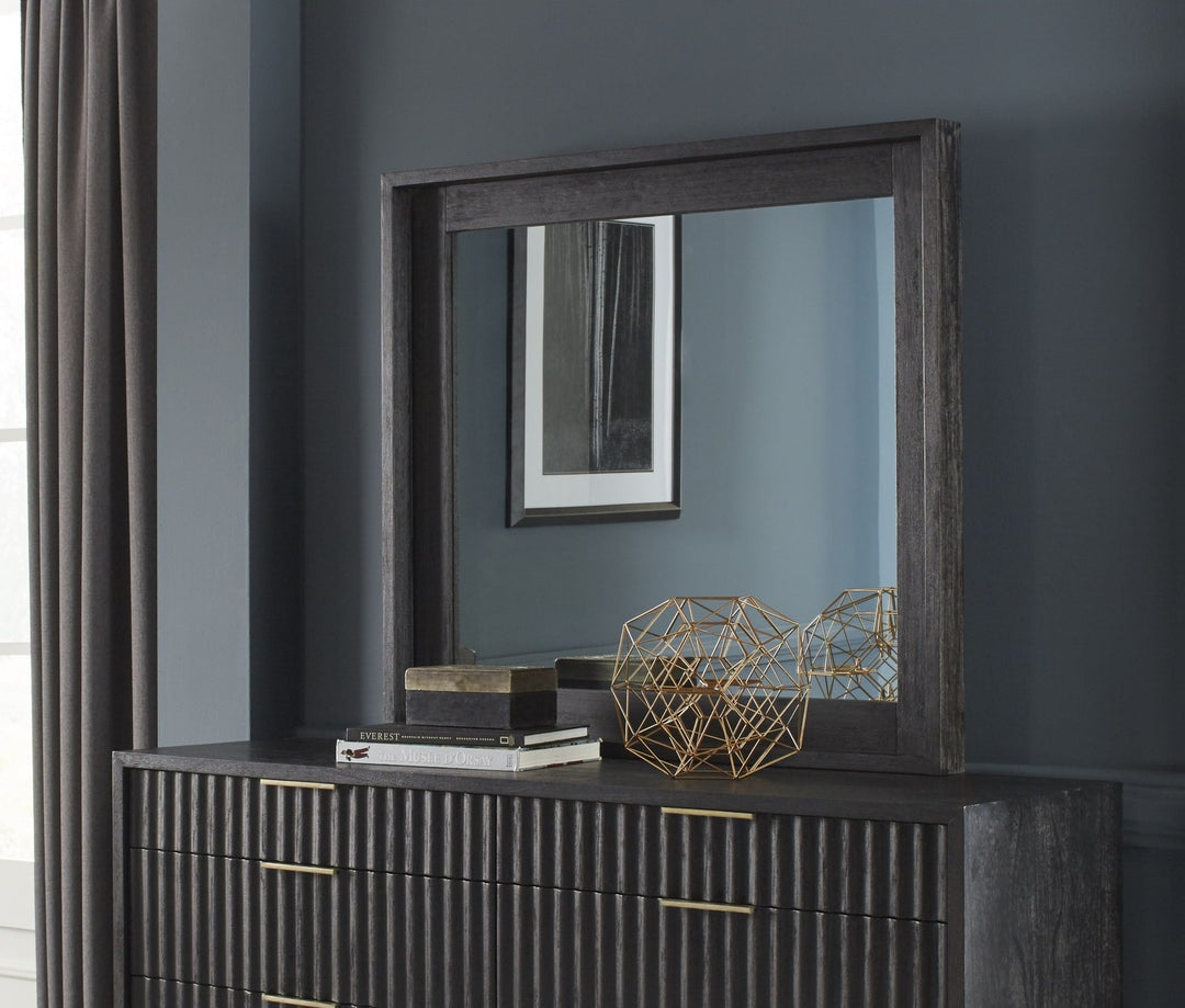 Kentfield Beveled Glass Mirror in Black Drifted Oak — styled on the matching dresser (sold separately)