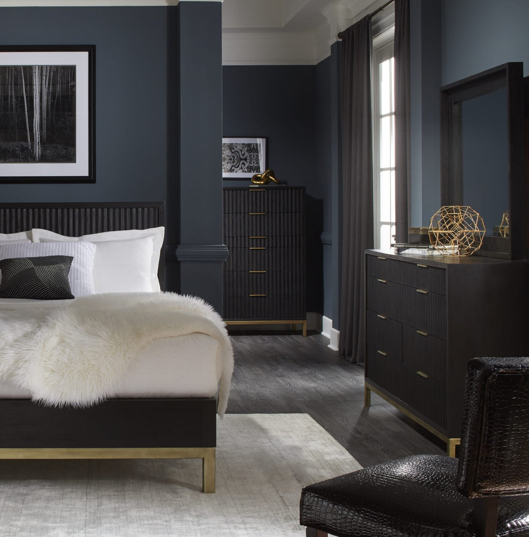 Kentfield Beveled Glass Mirror in Black Drifted Oak — in a bedroom setting