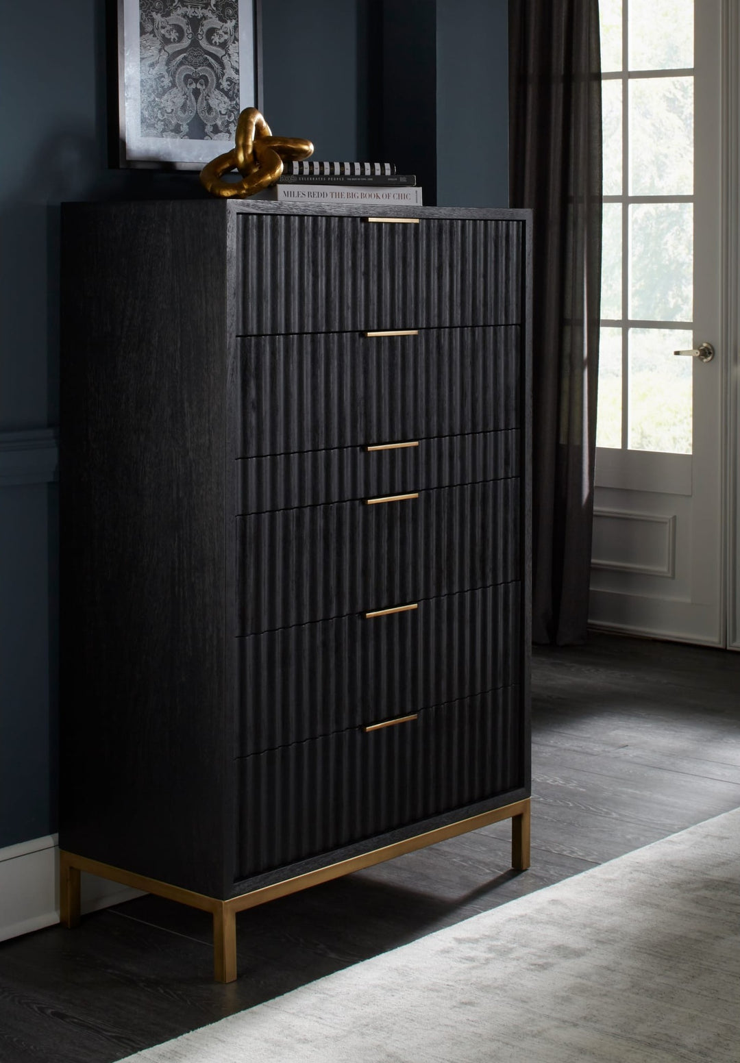 Kentfield Six Drawer Chest in Black Drifted Oak — styled in a room