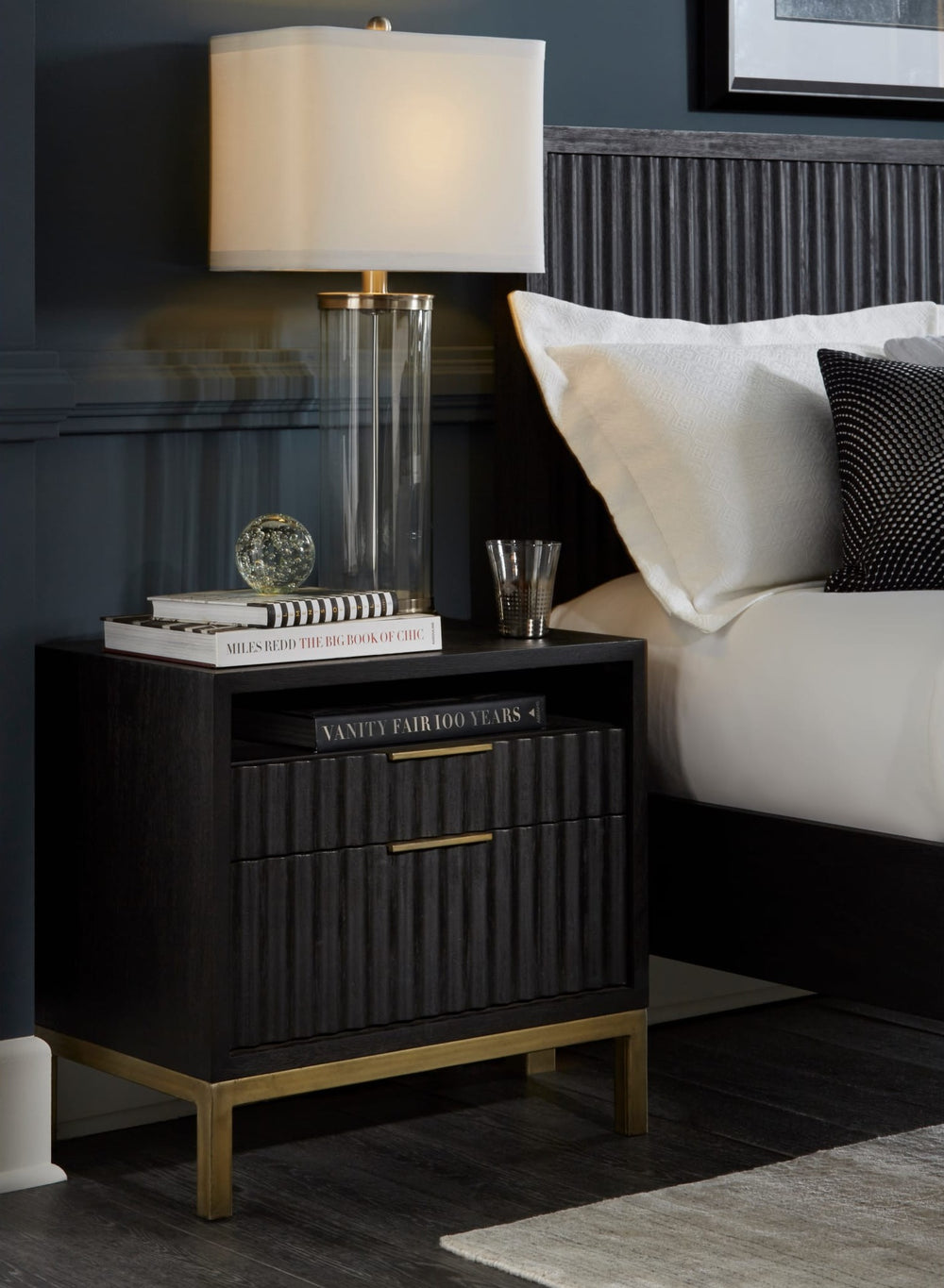 Kentfield Two Drawer Nightstand in Black Drifted Oak — in a bedroom setting