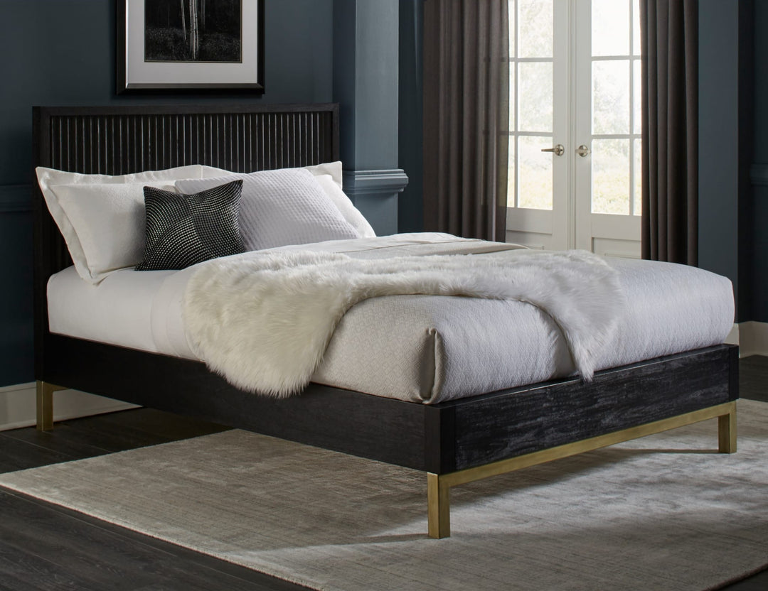 Kentfield Wood Platform Bed in Black Drifted Oak styled in a bedroom