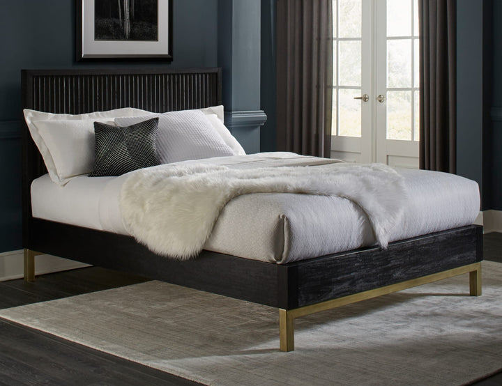 Kentfield Wood Platform Bed in Black Drifted Oak styled in a bedroom