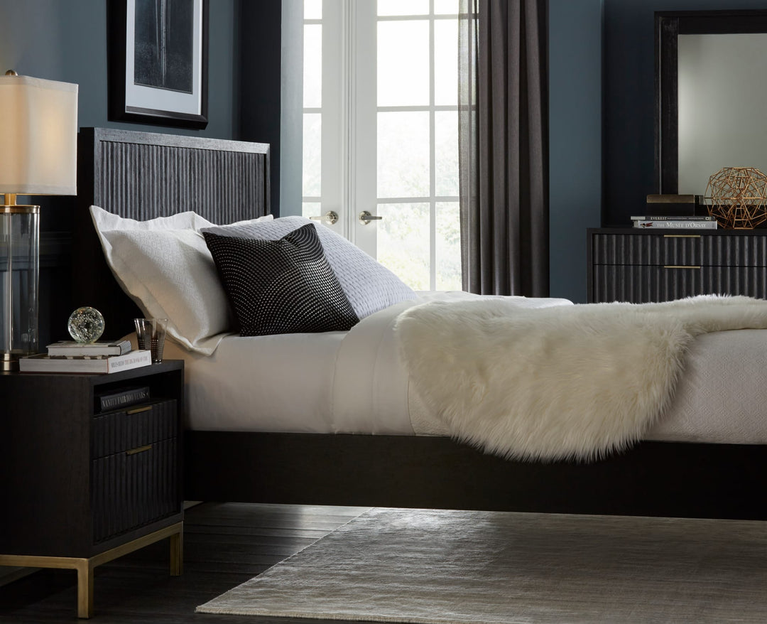 Kentfield Wood Platform Bed in Black Drifted Oak styled in a bedroom