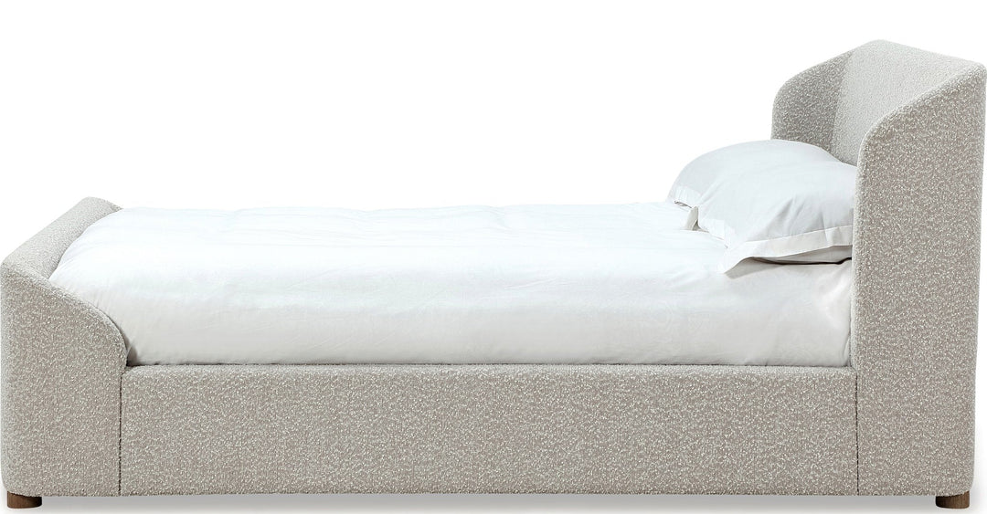 Kiki Upholstered Platform Bed in Cotton Ball Boucle — white background, side profile
