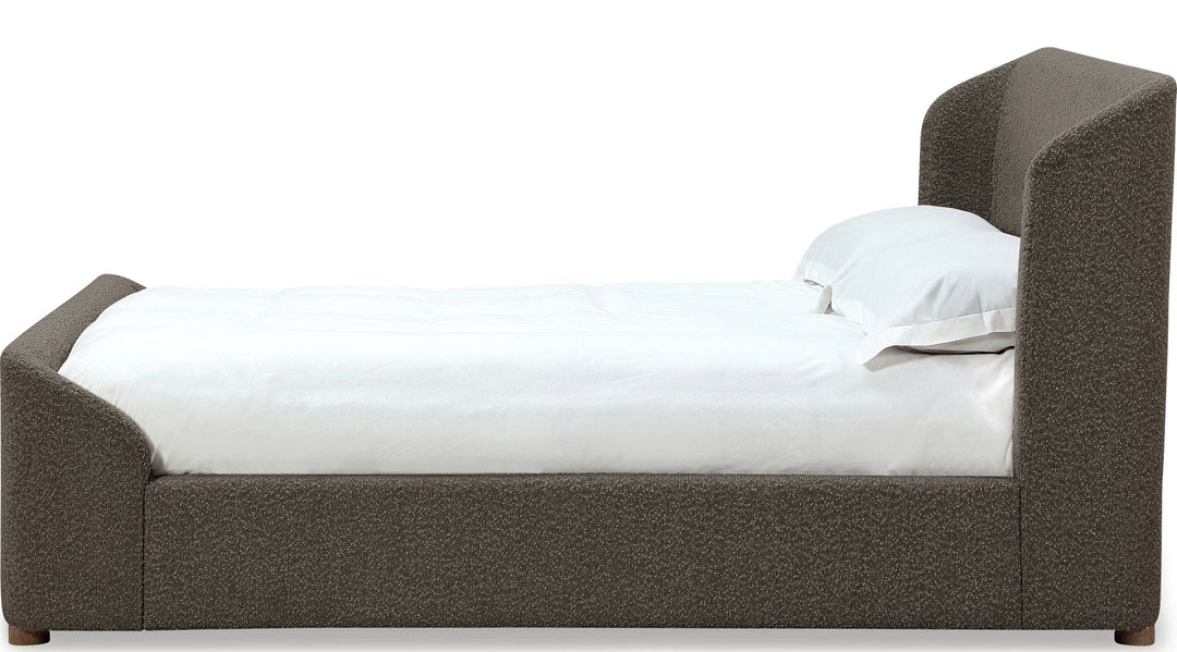 Kiki Upholstered Platform Bed in Pumpernickel Boucle — white background, side profile