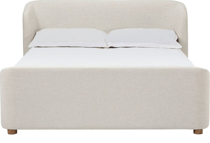 Kiki Upholstered Platform Bed in Whipped Honey Linen — white background, front view