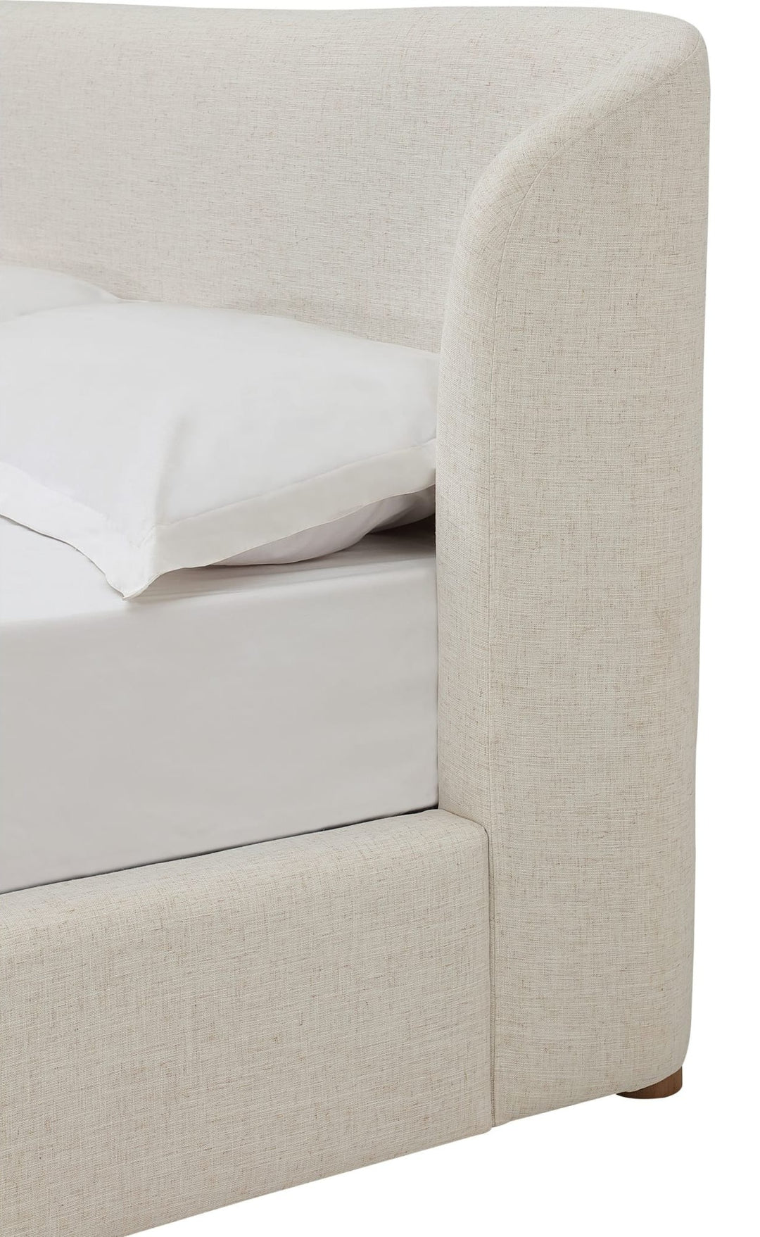 Kiki Upholstered Platform Bed in Whipped Honey Linen — close-up of the headboard