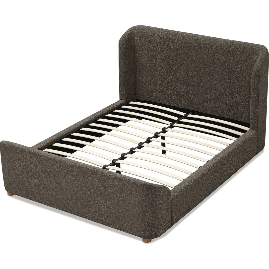 Kiki Upholstered Platform Bed in Pumpernickel Boucle — without mattress, showing slat platform
