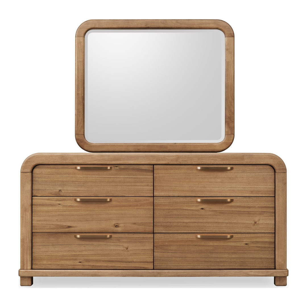 Kione Six Drawer Dresser by Modus in Lioness — on a white background with the matching mirror (sold separately)